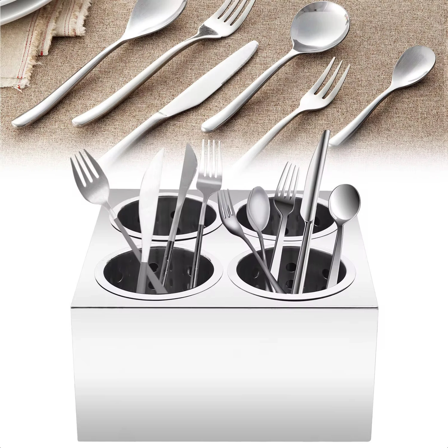 

4 Hole Stainless Steel Spoon Container Flatware Holder Box Kitchen