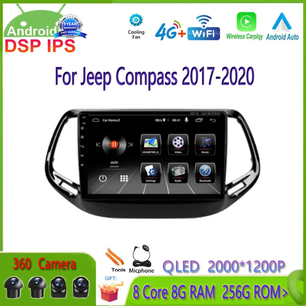 

Автомагнитола на Android 14 для Jeep Compass 2017-2020, мультимедийный проигрыватель, автомагнитола 2 Din, DVD, GPS-навигация