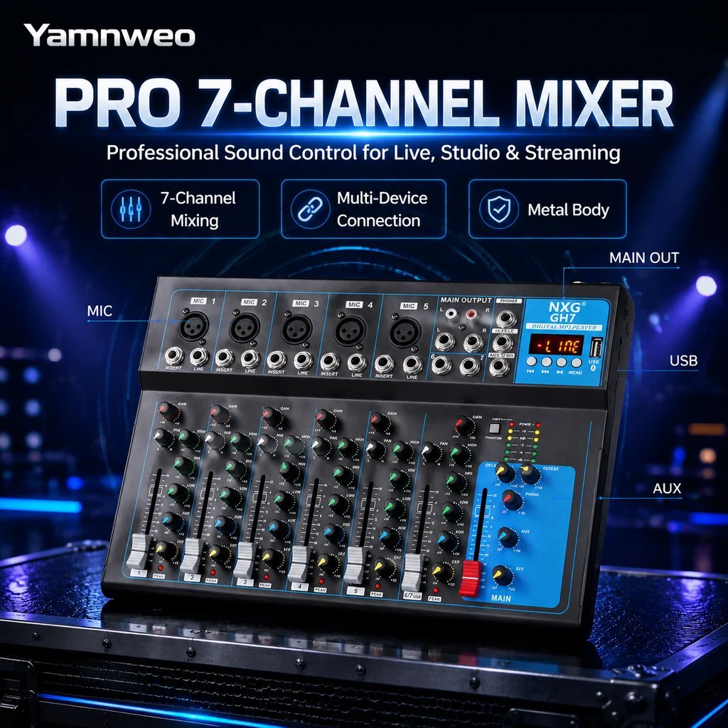 Yamnweo GH7, 7-Kanal Mini Professioneller Audio-Mixer, Bluetooth USB MP3-Wiedergabe und Aufnahme, 3-Band EQ, 48V Phantomspeisung, Echtzeit-Kopfhörerüberwachung, Tragbare Tonmischkonsole