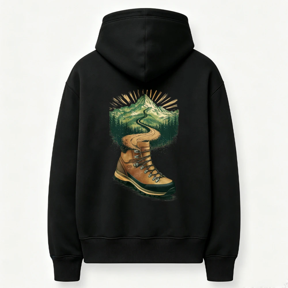 Hiking Boot Mountain Trail Forest Graphic Hoodie Vintage Outdoor Adventure Nature Print Pullover Sweatshirt Camping Casual Tops