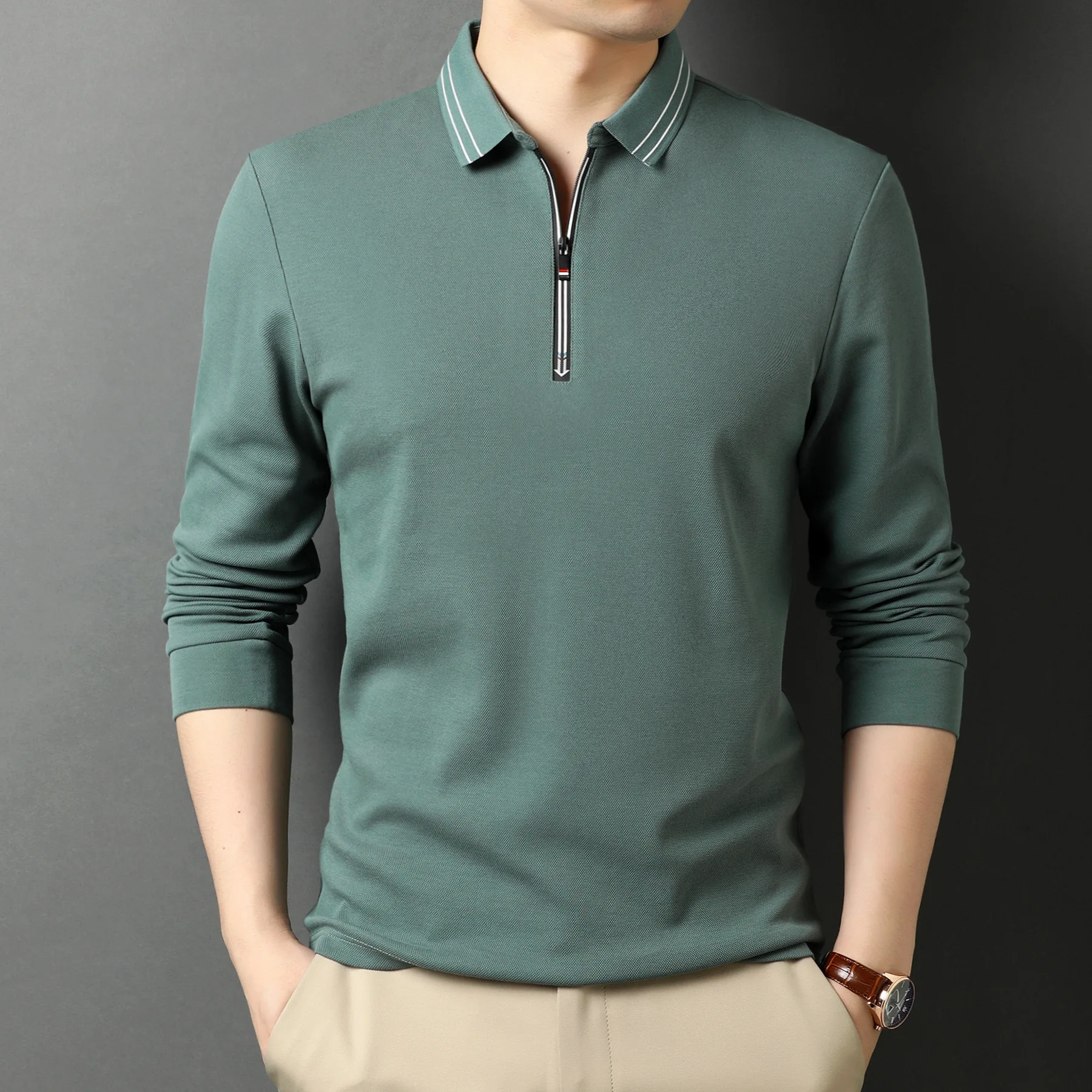 100% Cotton Zipper Collar Polo Shirt Men Long Sleeve Solid Color Business Polos Brand Hight Quality Poloshirt Blue Black GREEN