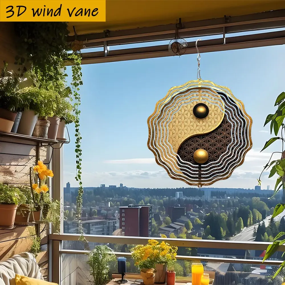 CIFBUY 3D Gold Tai Chi Yin Yang Life of Flower Wind Chime Metal Spinner with 360 Rotating Hook Easy Install Hanging Ornament for