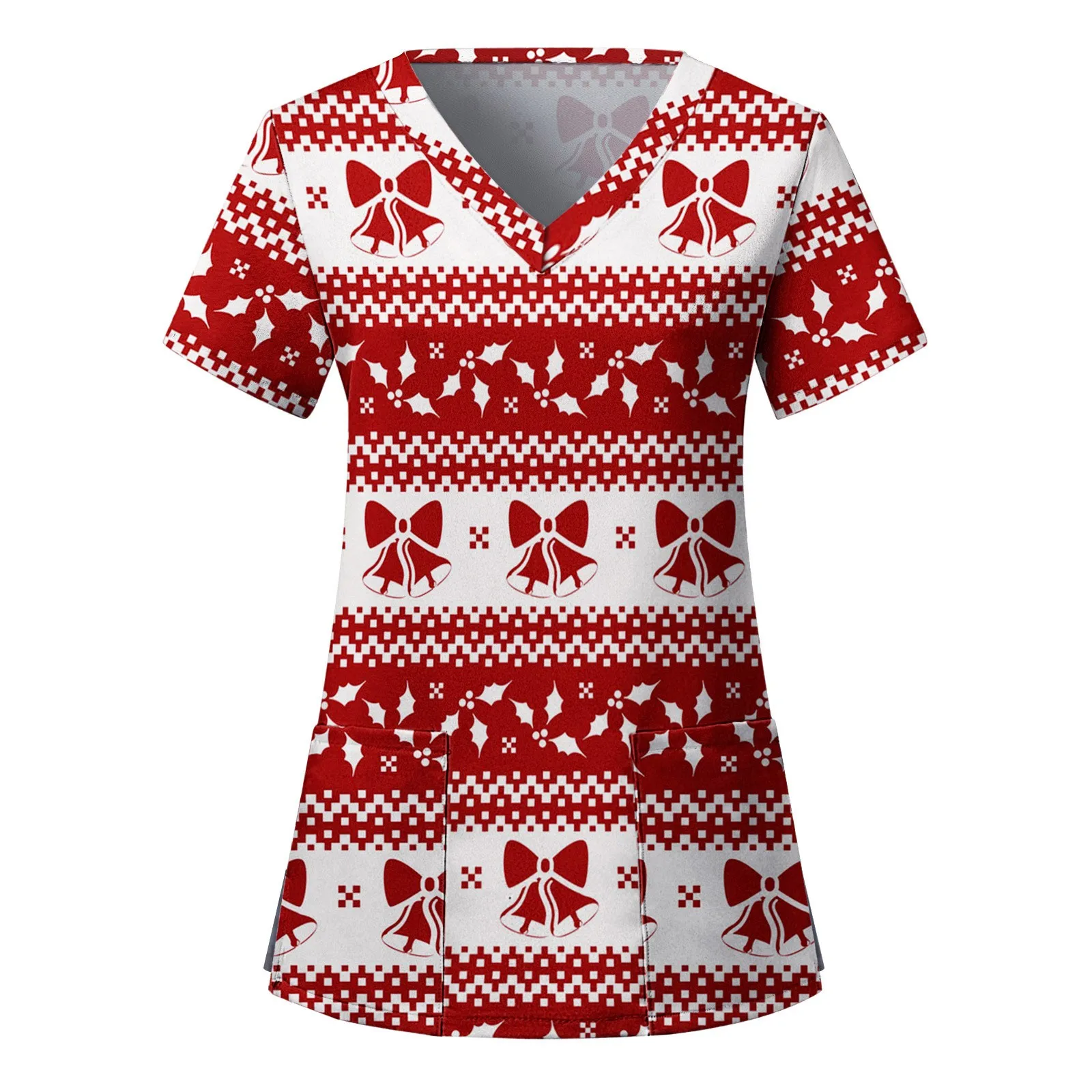 Dames Kerst Verpleegster Uniform Losse Xmas Rendier Print Korte Mouw Top Oversized Zak Werkkleding Tee Tandarts Blouse Vrouw