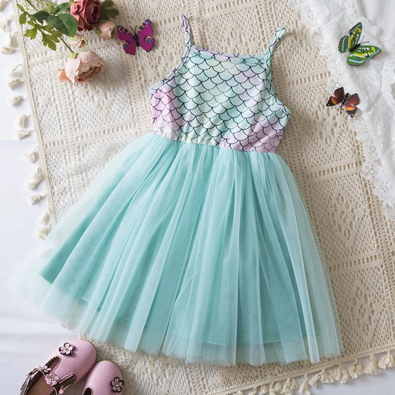 Little Mermaid Ariel Princess Dress 2024 New Summer Holiday Beach Dress Tulle Tutu Kids Girls Suspenders Birthday Party Clothes