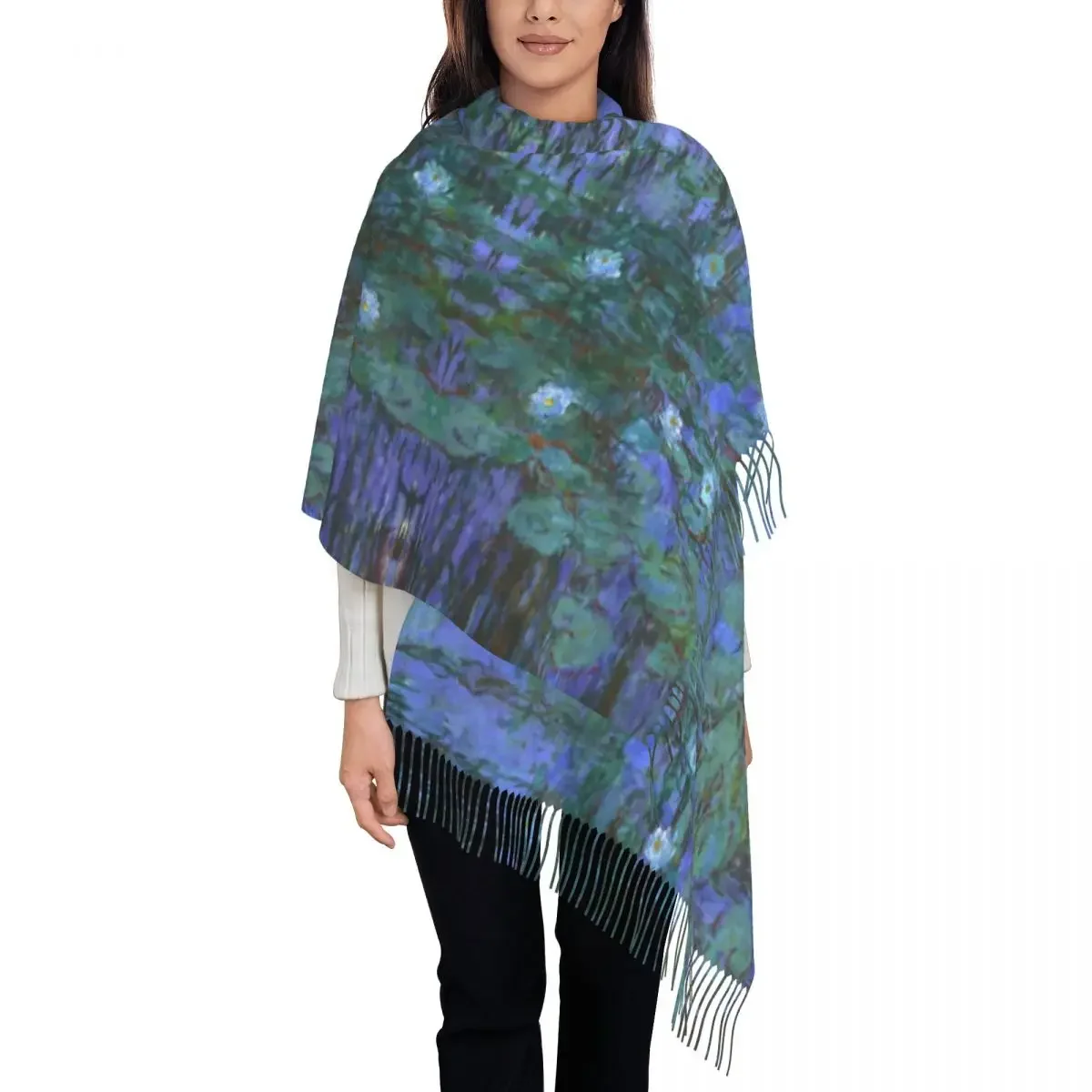 Claude  Water Lilies Scarf for Women Luxury Winter Wrap Shawl Modern Painting Art Tassel Wraps