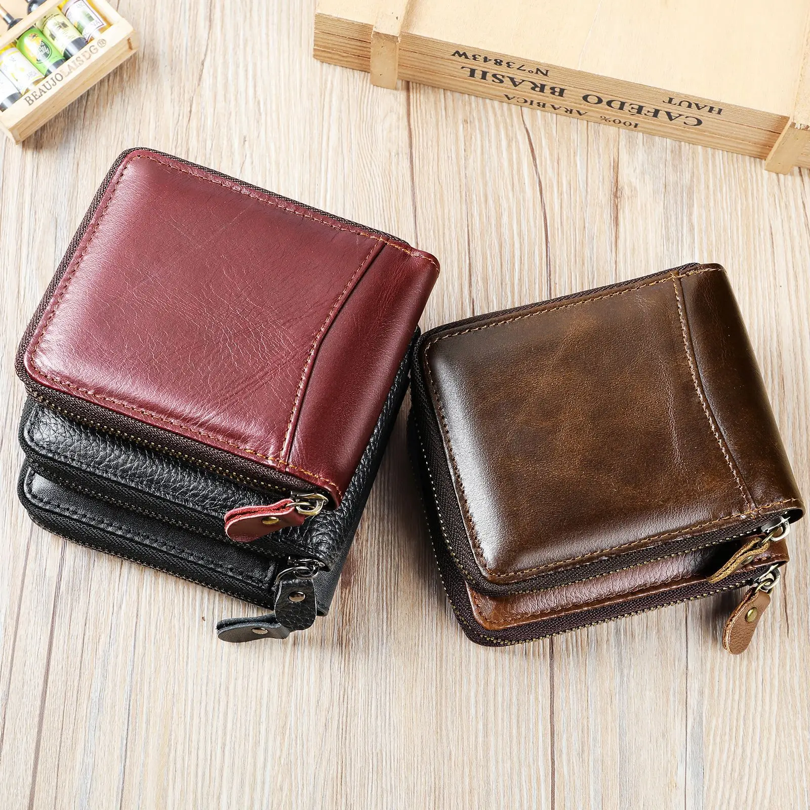 Men Genuine Leather Zip Wallet Vintage Bifold Card Holder With Multiple Slots Large Capacity Casual Business Commute Purse