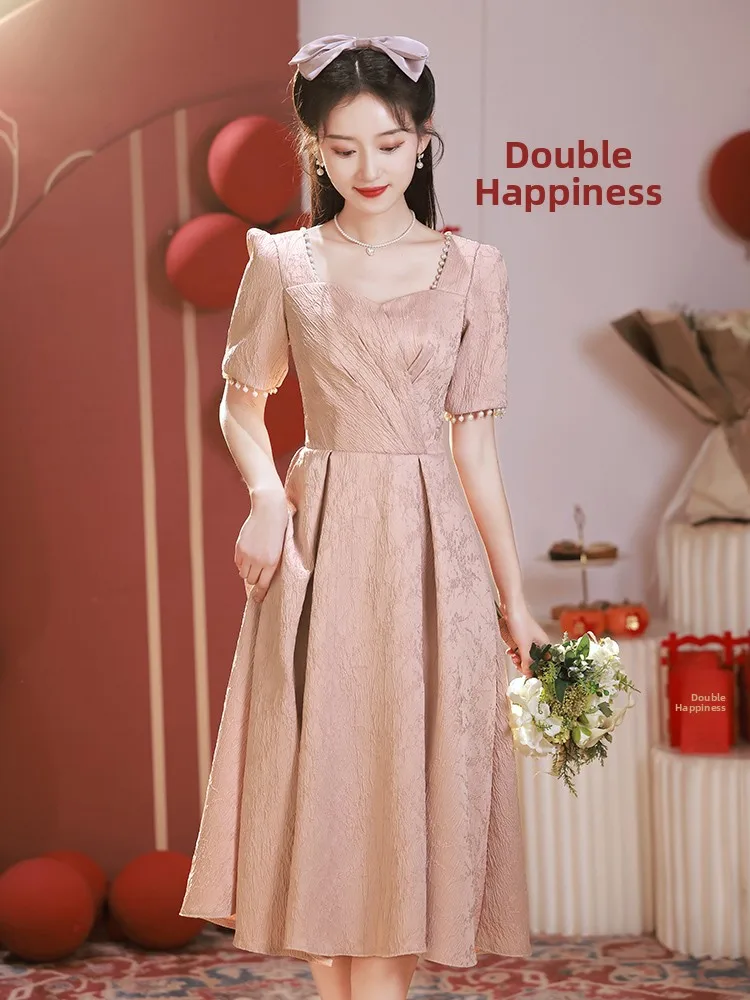 

Розовое свадебное платье для женщин, вечернее платье с коротким рукавом, модное, с завышенной талией, украшенное жемчугом