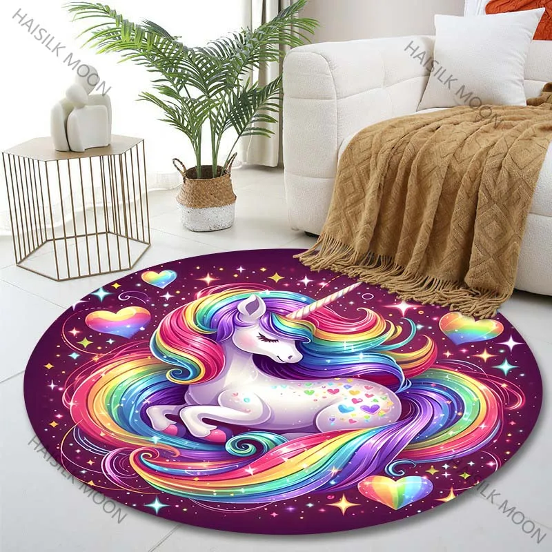 1PC Rainbow unicorn and hearts Print Round Carpet for Living Room Bedroom Sofa Table Floor Mat Area Rug Luxury Gift