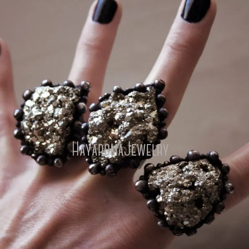 RM43291 Large Raw Pyrite Crystal Ring    Statement  Halloween