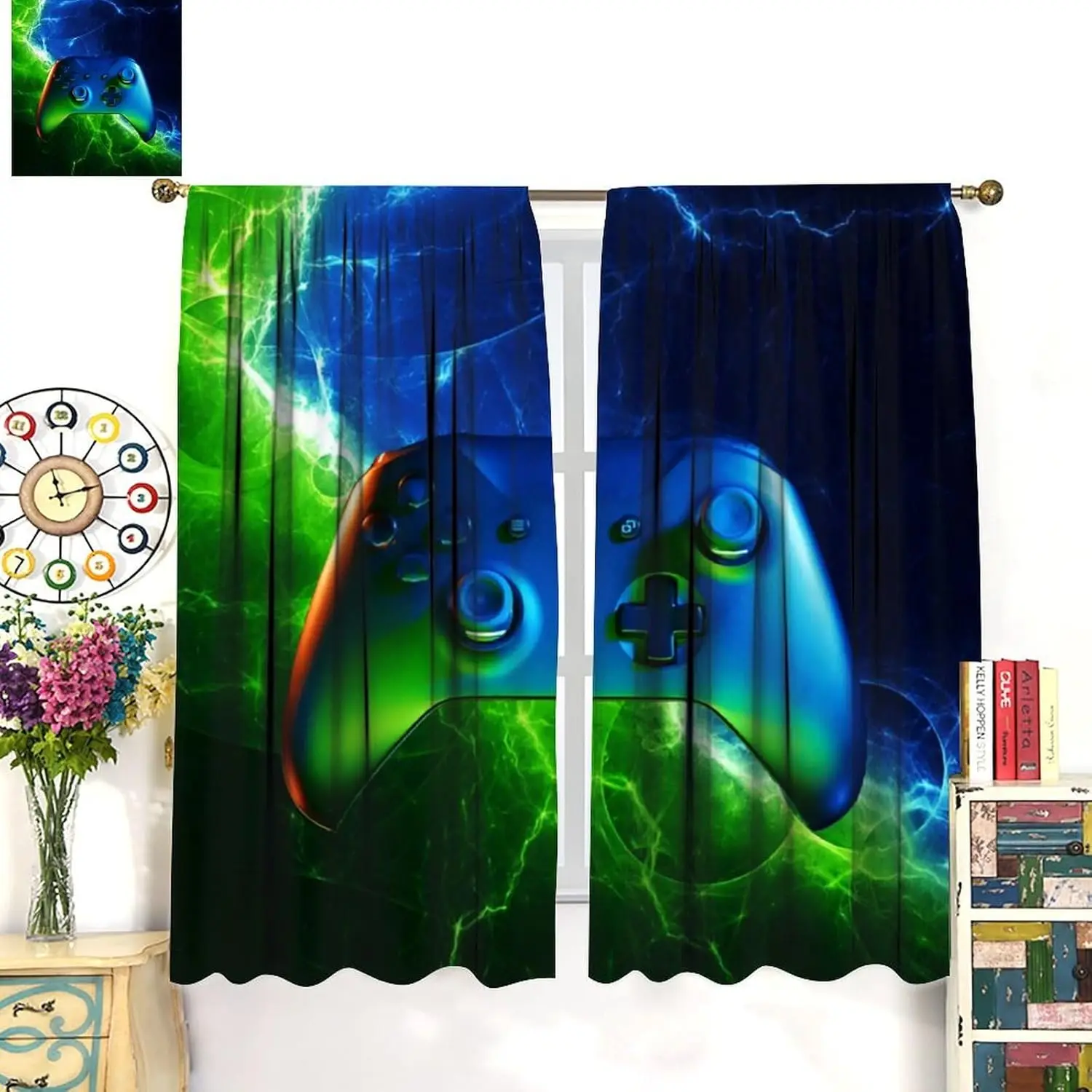 Gaming Curtains for Boys, Blue Green Abstract Lightning Gamepad Colorful Modern Neon Game Print Window Curtains for Kids Teens