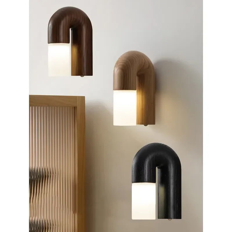 Vintage Solid Ash Wood+Acrylic LED Wall Lamps Living Room Bedroom Aisle Porch Retro Bedside Wall Sconces Indoor Decor