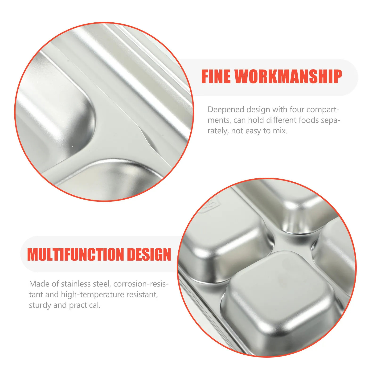 Stainless Steel Compartment Plate 4 Section Deep Divided Food Tray with Spoon Slot for Home Kitchen