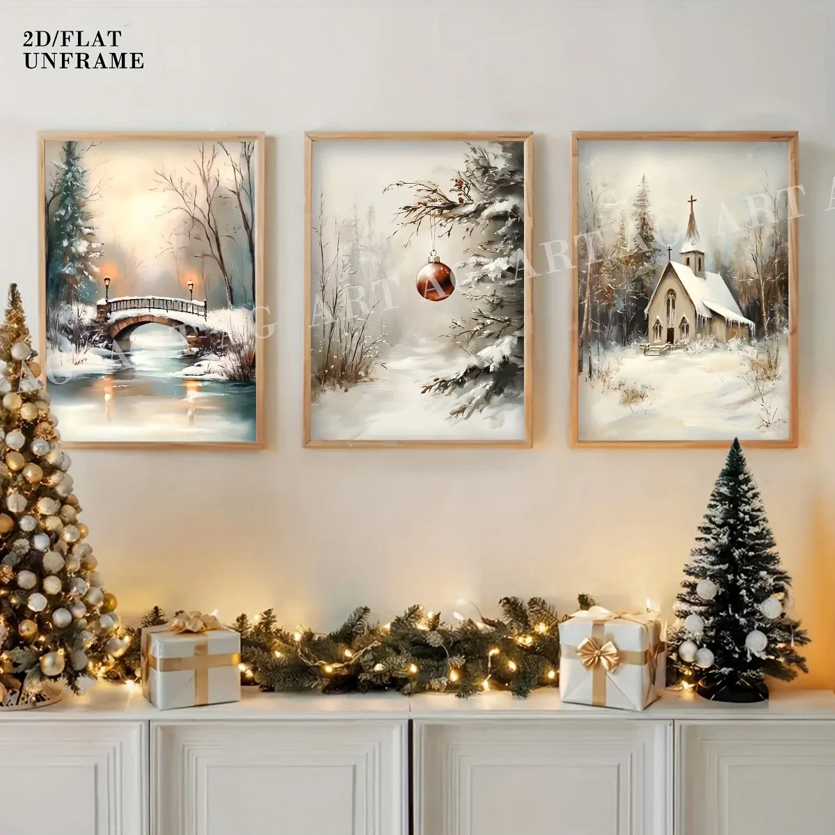 (No frame)2D Flat, 2D Flat, Set of 3 Canvas Prints Featuring a Forest, a Bridge, And a Cabin, Perfect for Winter Decor Poster