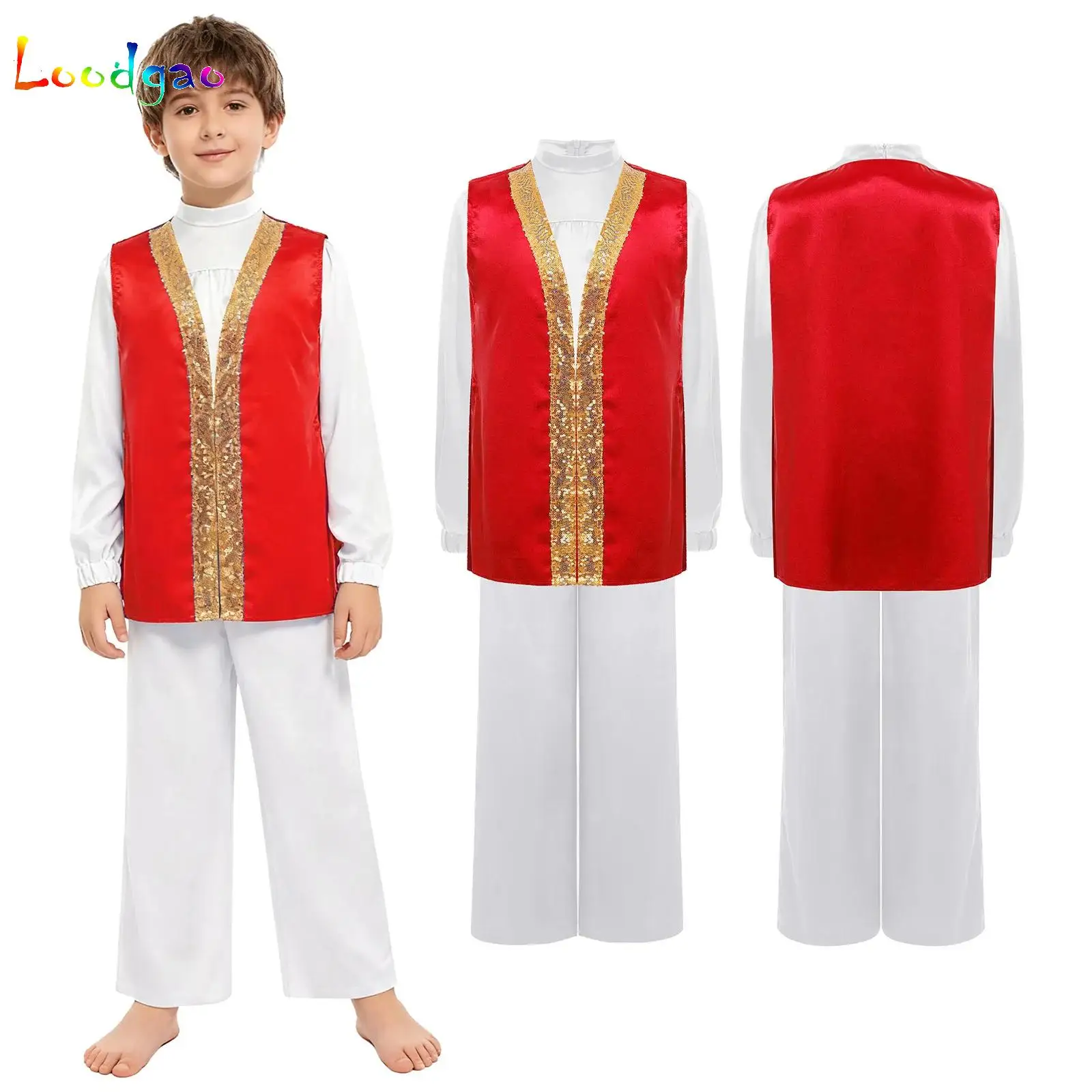 

Kids Boys Church Choir Worship Performance Costume Liturgical Praise Lyrical Dance Dancewear Sequin Tunic Top with Top Pants Set