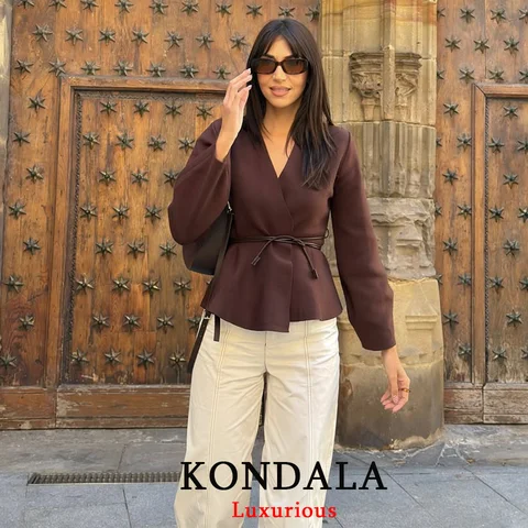 KONDALA Casual Chic Brown Knit Cardigans Women V Neck Long Sleeve Sashes Loose Sweaters Fashion 2025 Fall Winter Office Lady Top