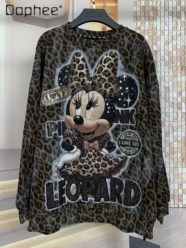 العلامة التجارية العصرية الخريف الشتاء الصوف الثقيلة ليوبارد طباعة حجر الراين الكرتون فضفاض موضة سميكة طاقم الرقبة البلوز للنساء
