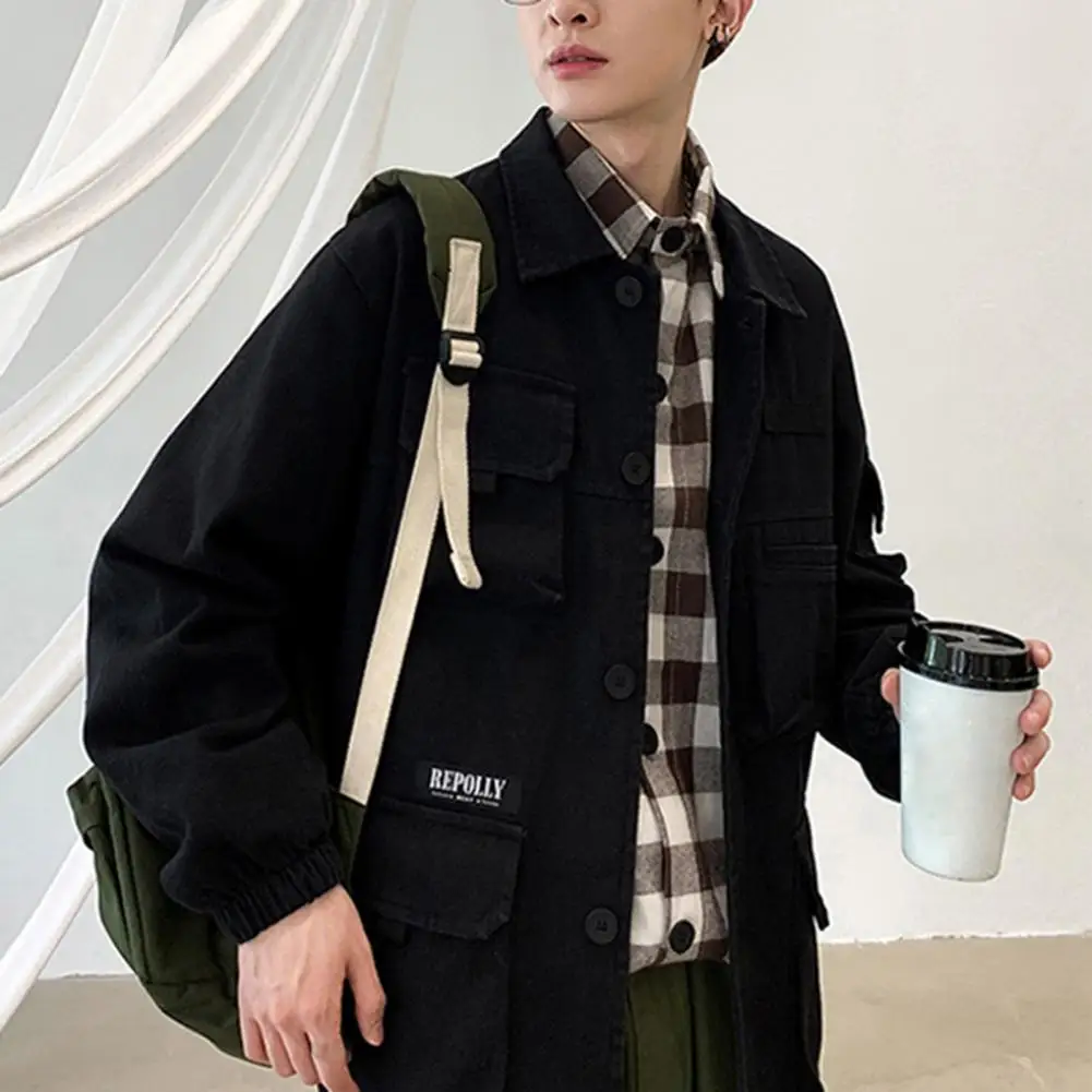 Korean Style  Trendy Elastic Cuff Lapel Cargo Coat Male Cargo Jacket Long Sleeve   for Daily Wear