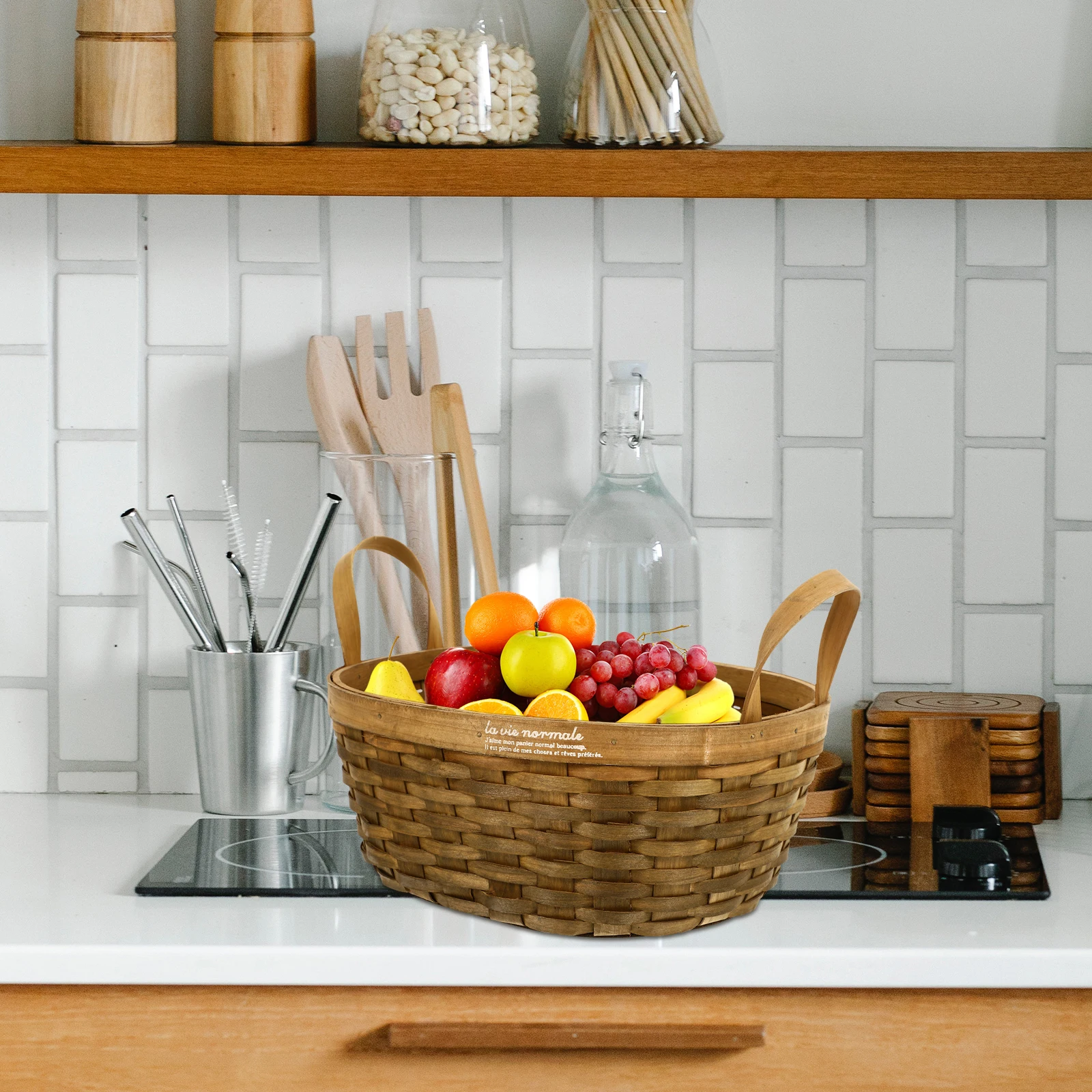 

1pc Portable Woven Basket Storage Container Handheld Bread Egg Organizer Natural Wood Material Use