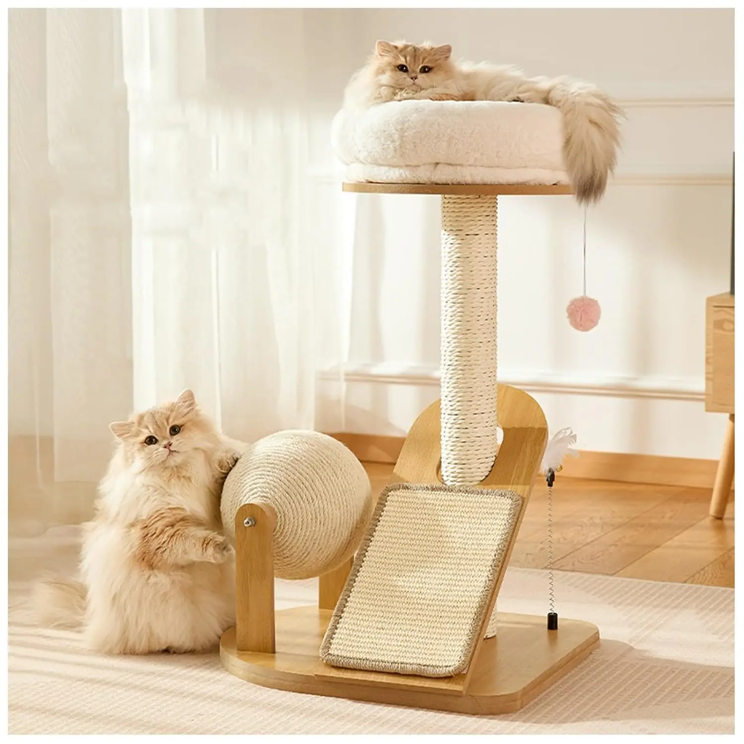 Versatile Cat Tree Enlarged Base Top Bed Sisal Ball Post Oak Tower, Customized