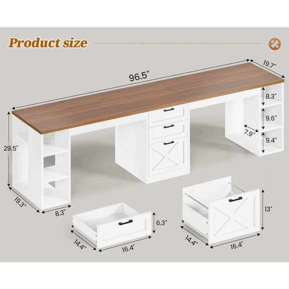 مكتب كمبيوتر مقاس 96.5 بوصة مع أدراج، مكتب منزلي لشخصين، مكتب ألعاب مزدوج مع رف تخزين، مكتب كتابة مزدوج طويل