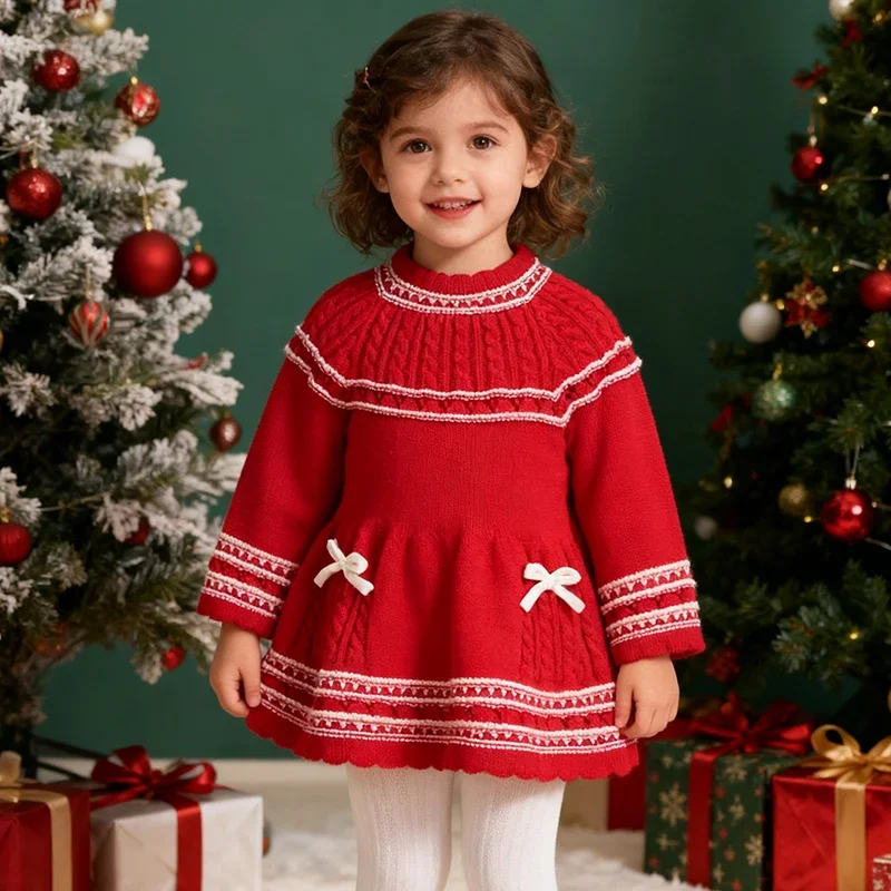 2025 Christmas New Year 0-4Yrs Children Knitting Clothes Baby Girl Party Dress Kids Princess Dresses  Sister Clothing