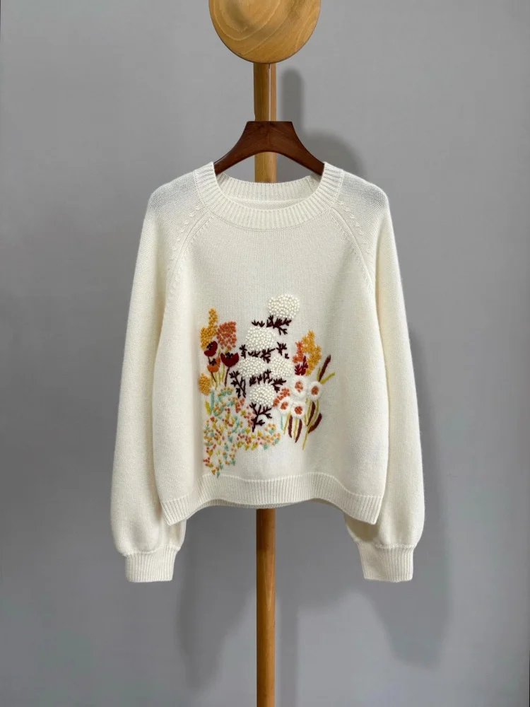 

2025 Новый зимний стильный кашемировый пуловер с объемной цветочной вышивкой и длинными рукавами, свитер