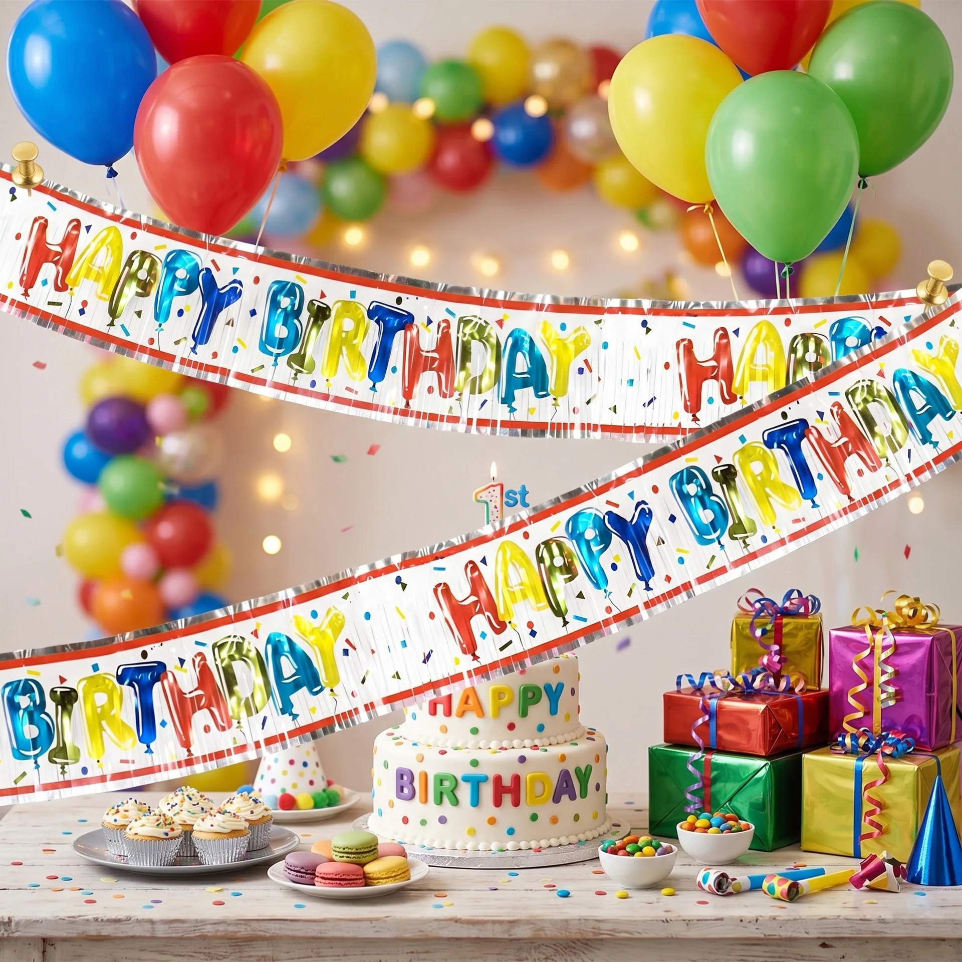 

2.3m Happy Birthday Colorful Letter Tassel Pendant Rainbow Birthday Rain Silk Banner Happy Birthday Party Background Decor 2026