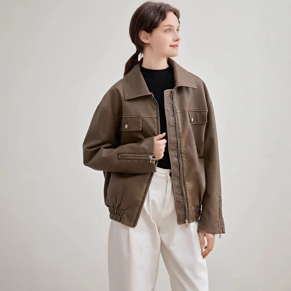 Damski skórzany płaszcz motocyklowy w stylu retro, sprany, wyblakły, na wiosnę i jesień 2025