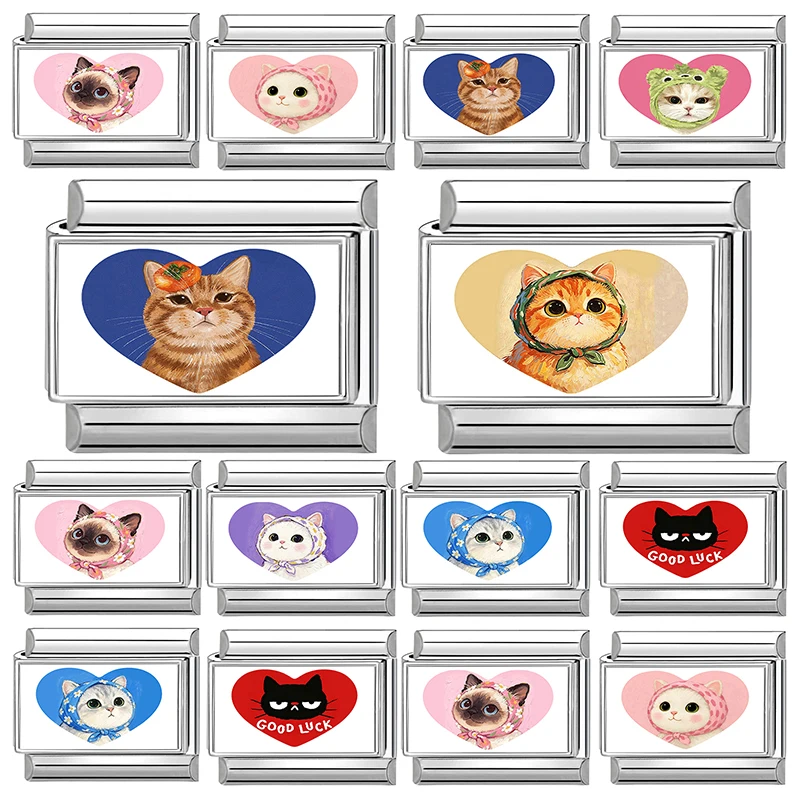 Bracelet à breloques Y2K avec tête de chat de dessin animé mignon, breloque italienne pour bracelet de 9 mm, en acier inoxydable, pour femmes, fabrication de bijoux DIY, vente en gros