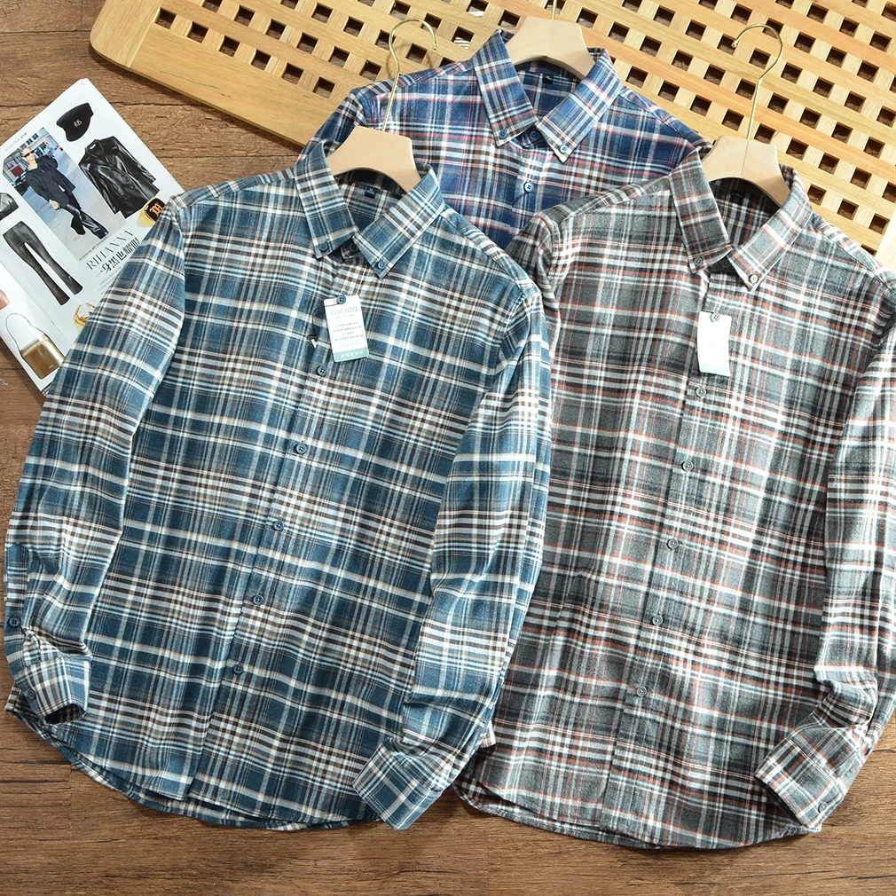 

Classic Versatile Men's Casual Vintage Plaid Long Sve irt Waed Pure Cotton Brued Breathable Loose Fit Autumn Wear