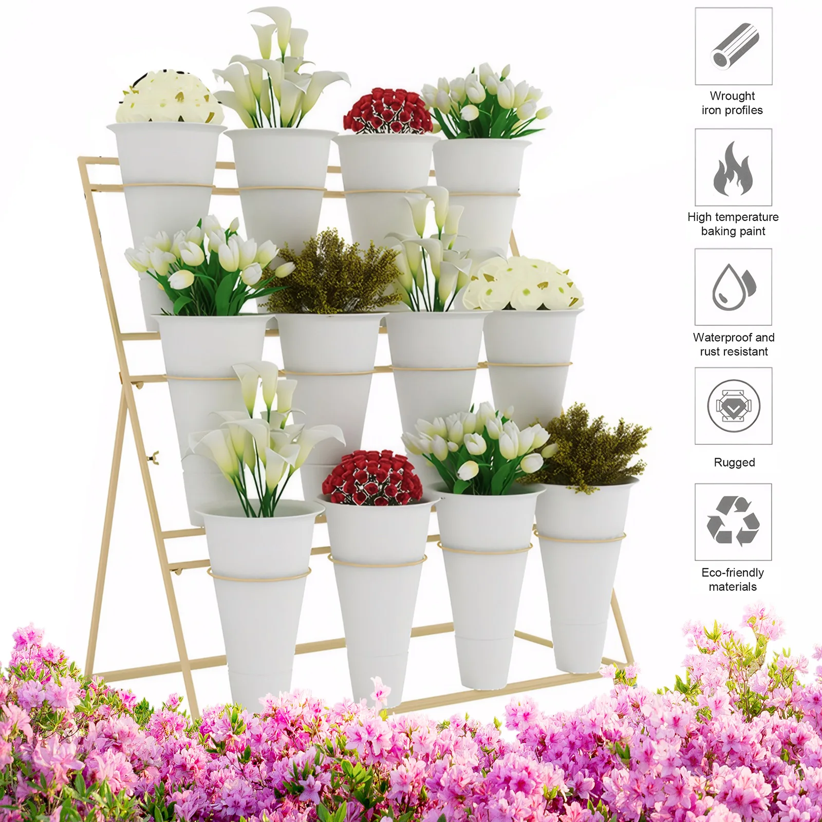 

Flower Display Stand 3 Layers Metal Moving Plant Cart Shelf with Wheels and Foot Brake Plant Stand for Outdoor Balcony Courtyard