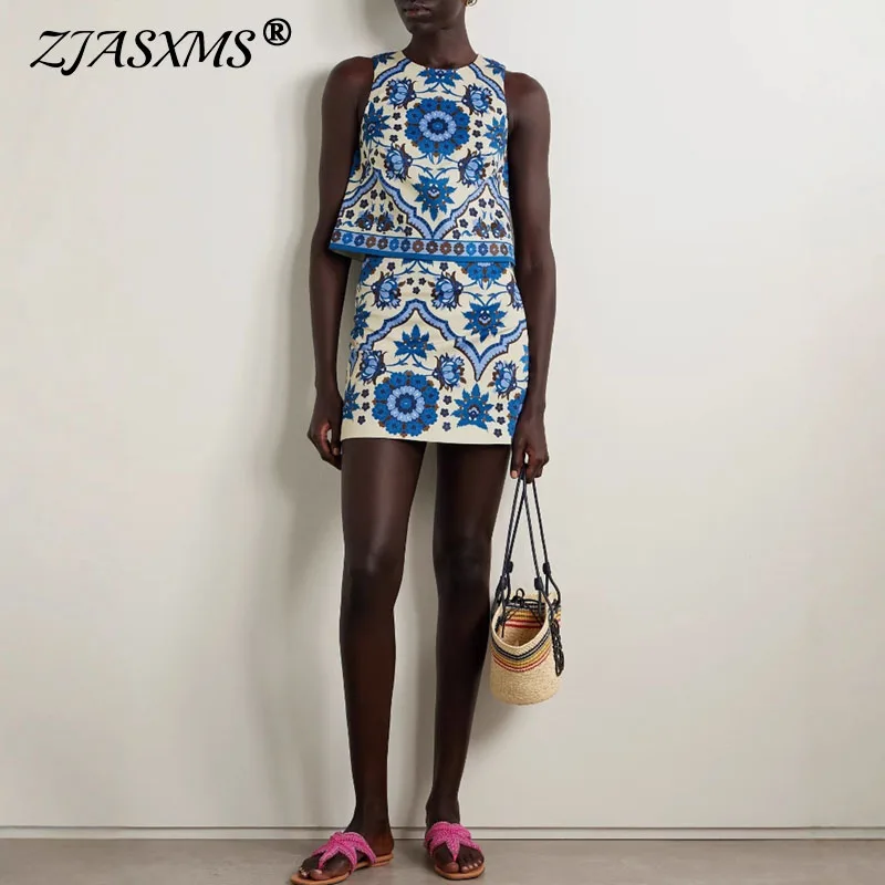 Blue Printed Vintage Woman Clothing 2025 Spring Round Neck Tank Tops & Mini Skirt 2 Piece Set Summer Sleeveless Zip Suit Outfits