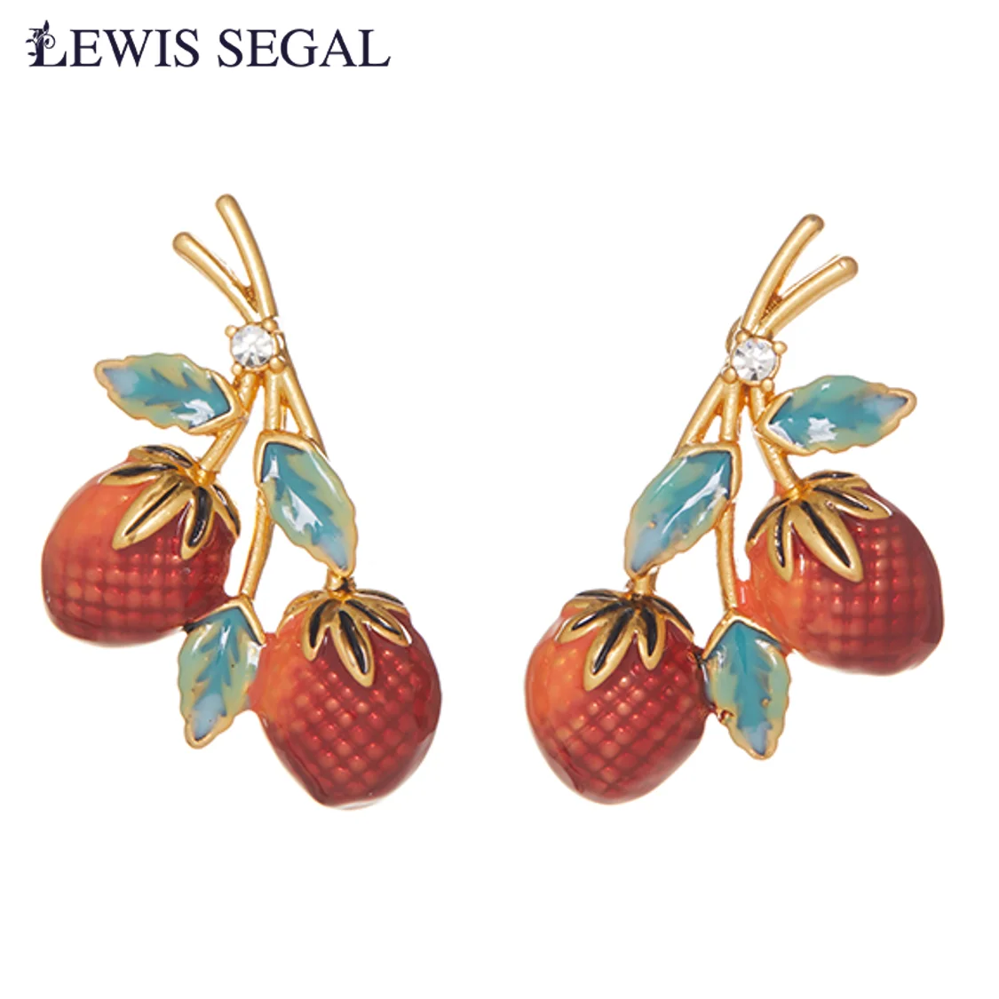 LEWIS SEGAL Strawberry with leaves Enamel Earrings for Women Sparkling Rhinestone Vintage Fine Jewelry 18K Gold Plated