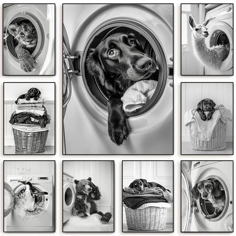 1PC Funny Animal Black and White Laundry Room Poster Lion Panda Dog in Washing Machine Humor Canvas Picture Wall Bathroom Hom