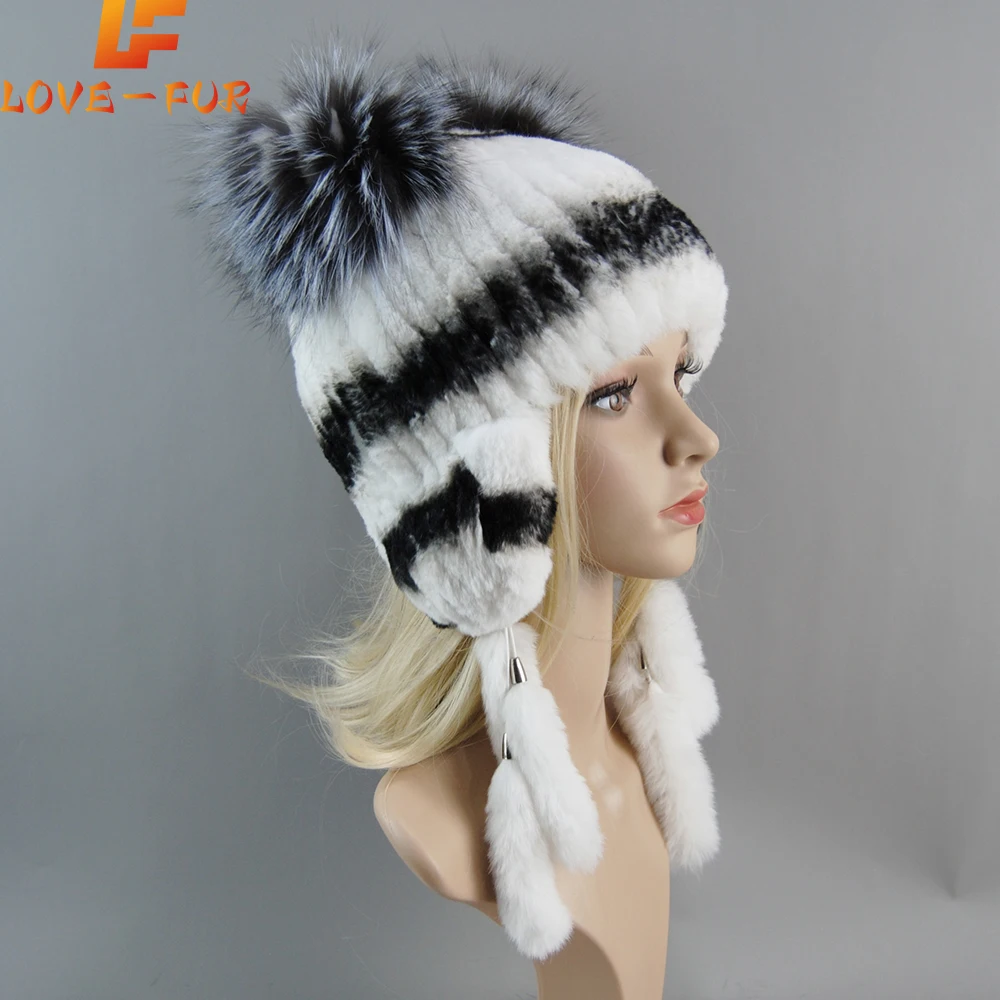 Hot Sale Winter Thick Warm Ears Fashion Bomber Cap 100% Real Fur Hat For Women Natural Rex Rabbit Fur Russian Ushanka Hats