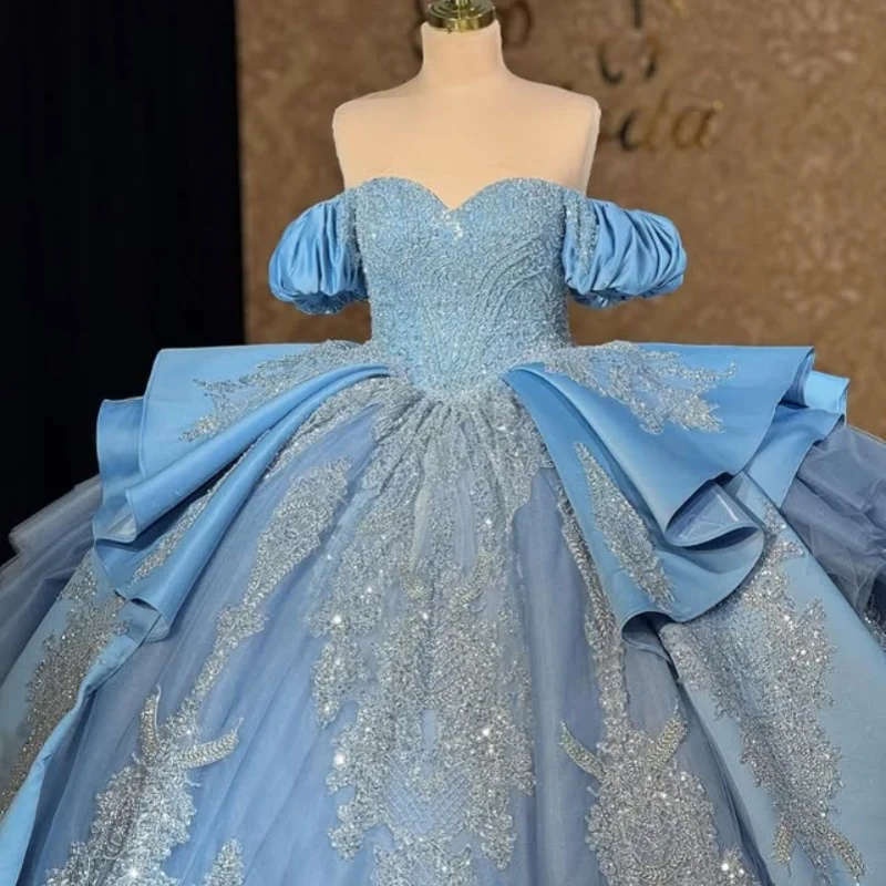

Customized Shiny sky blue Quinceanera Dresses Off the Shoulder crystal applique Bow layering Long tail Vestido 15 Quinceanera