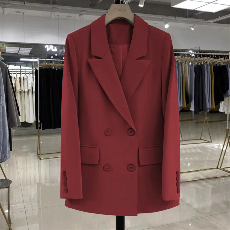 

Autumn Winter Fashion Suit Jackets Temperament Solid Lapels Double Breasted Long Sleeved Coats Elegant Office Lady Commuting