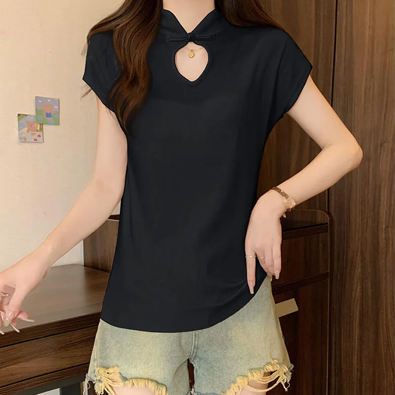 여성용 니트 스웨터 신상 반팔 니트 스웨터 여성용 풀오버 스탠드 칼라 니트 스웨터 풀오버 여성용 상의 니트웨어 Q2744