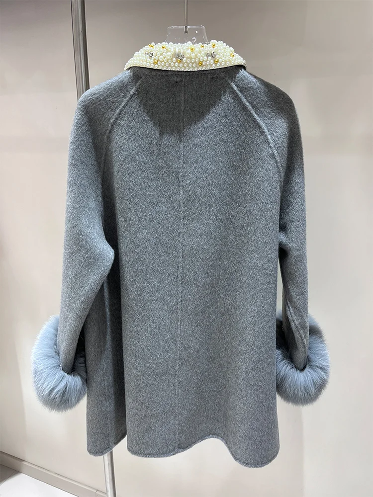 2025 New Winter Women Real Fox Fur Wool Woolen Coat Natural Fox Fur Collar Jacket Ladies Outerwear Streetwear