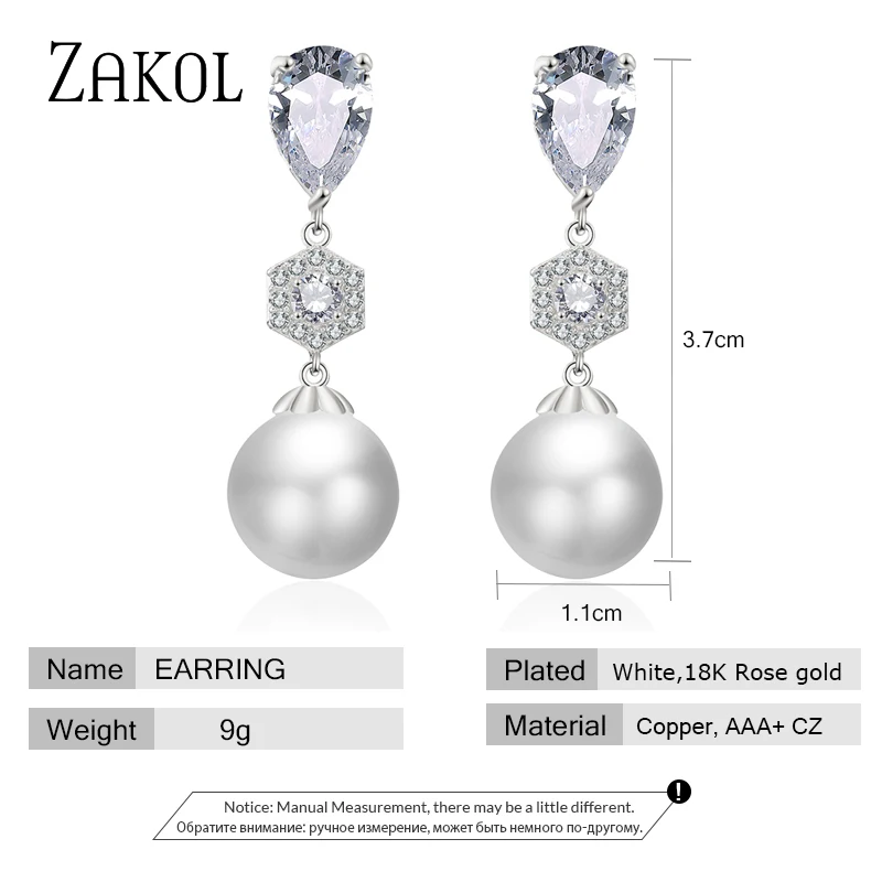 ZAKOL Exquisite Cubic Zirconia Artificial Pearl Simple Fashion Earrings for Women Wedding Dinner Birthday Gift Jewelry FSEP2389