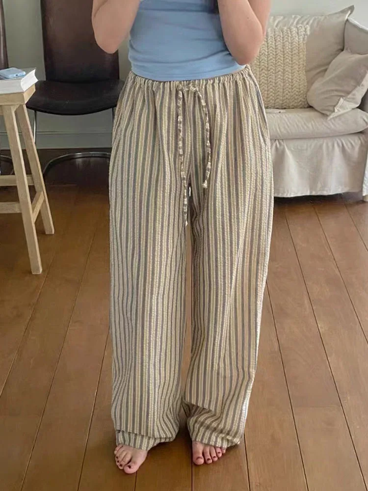 

Casual Loose Vertical Stripe Wide Leg Pants Women Korean Elastic High Waisted Mopping Trousers Summer Lazy comfort Straight Pant