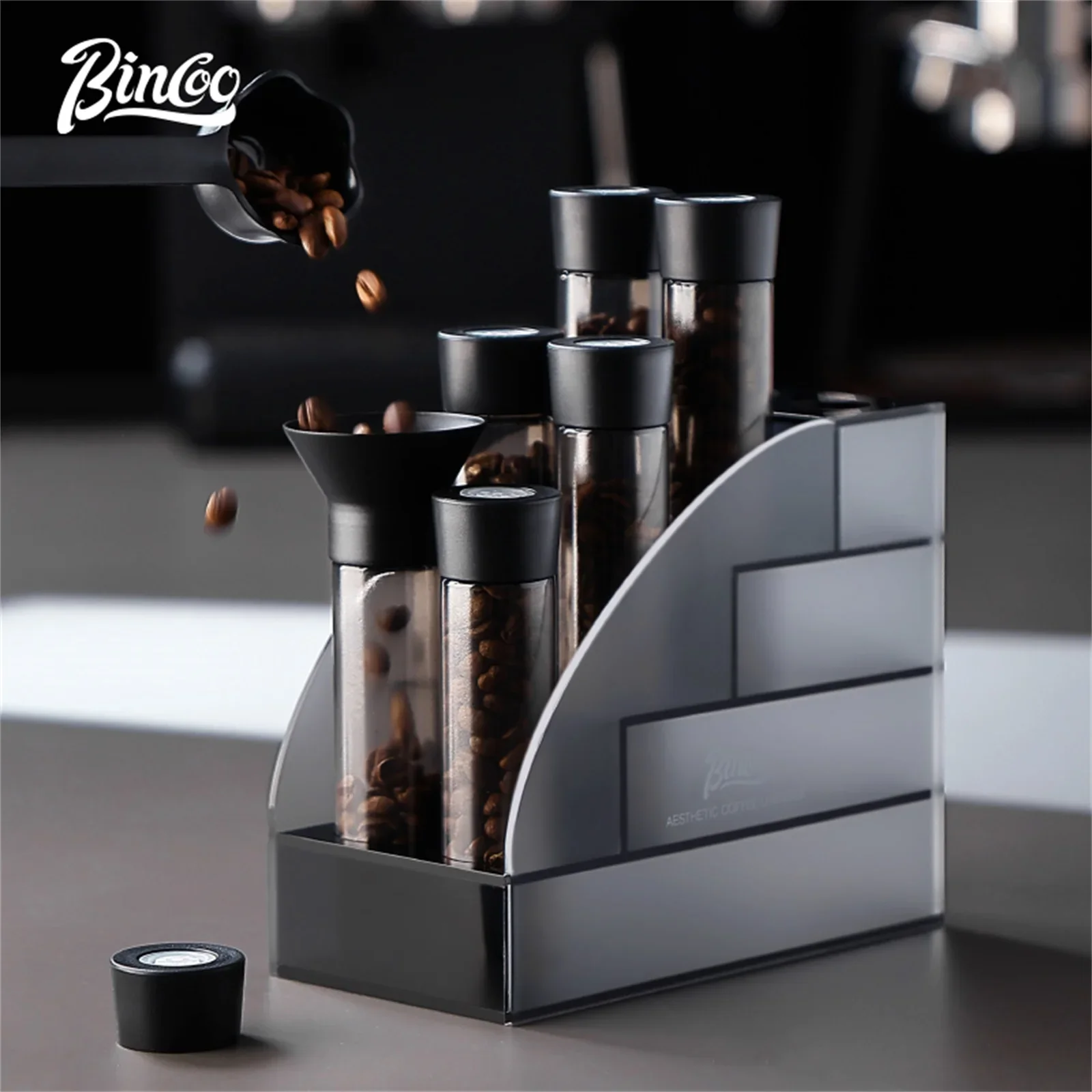 

BINCOO Coffee Bean Storage Container Tubes Single Dose Coffee Bean Jar with 6 Tubes with Exhaust Valve Shelf & Funnel Cafe Tools