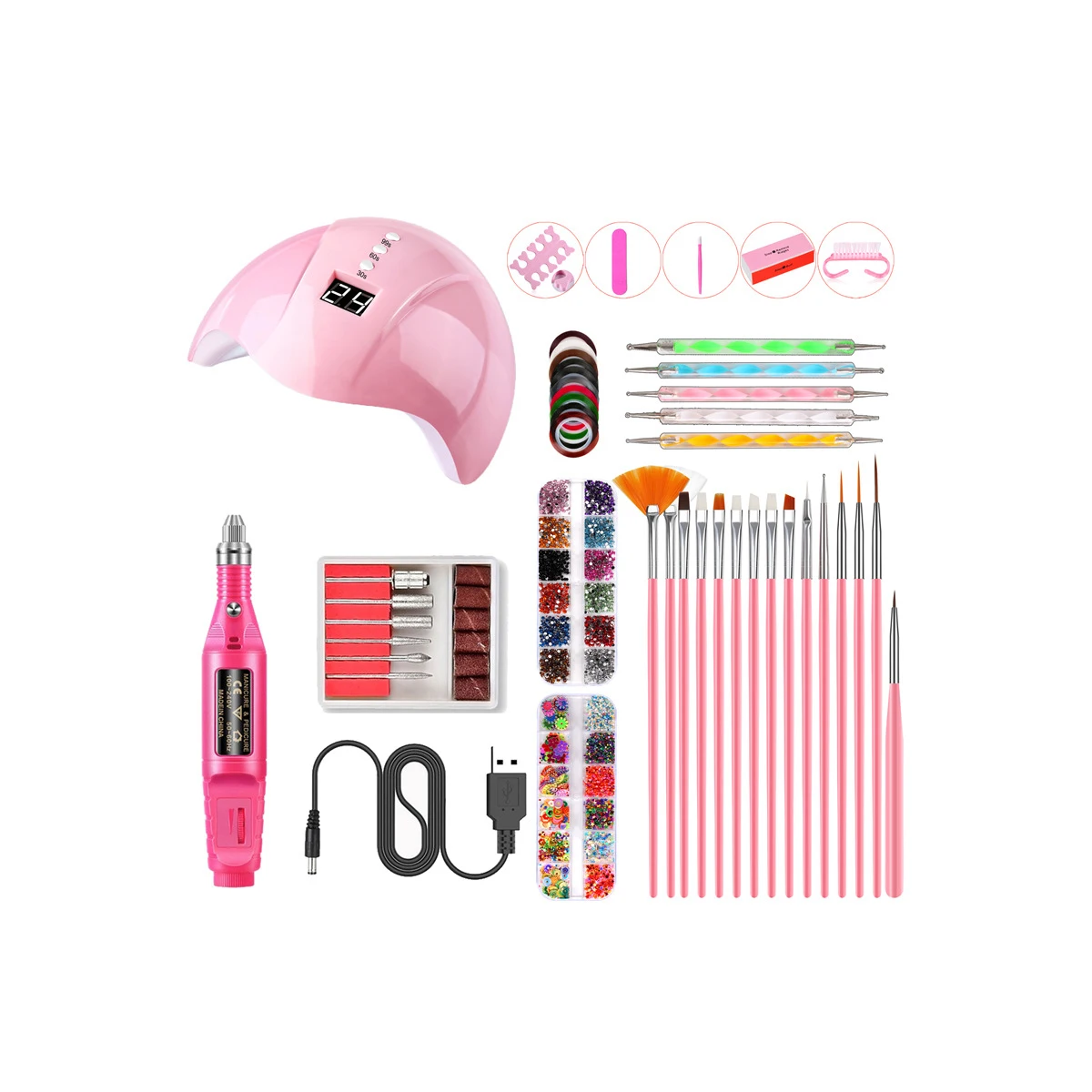 UV Light Nail Dryer Kit - Nail Art Tools with Dotting Pen Foil Stickers and Buffing File