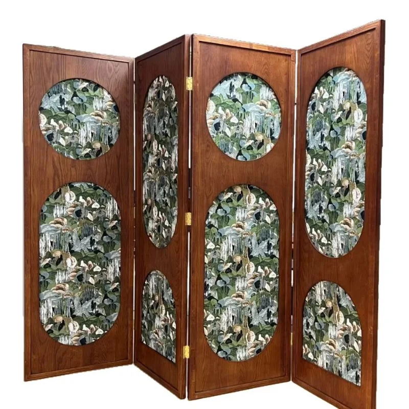 

French retro ash wood medium ancient style Chinese tide style foldable screen living room partition classical art screen