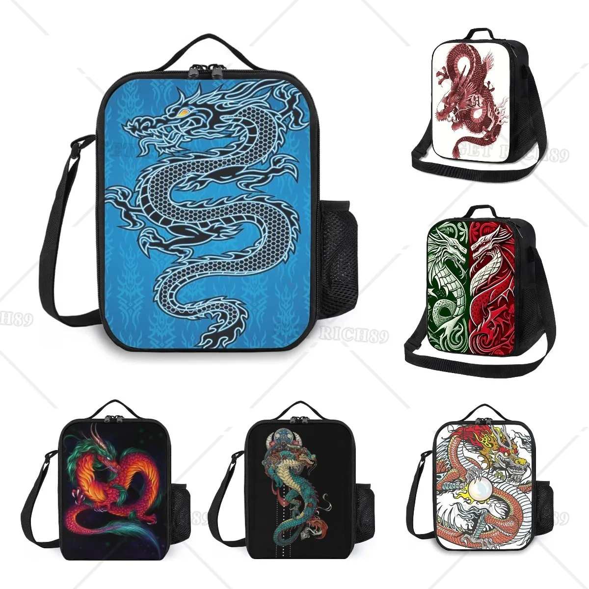 Black Dragon on Blue Background Lunch Box for Men Women Adults Reusable Portable Lunch Bag for Office Work Picnic,Camping