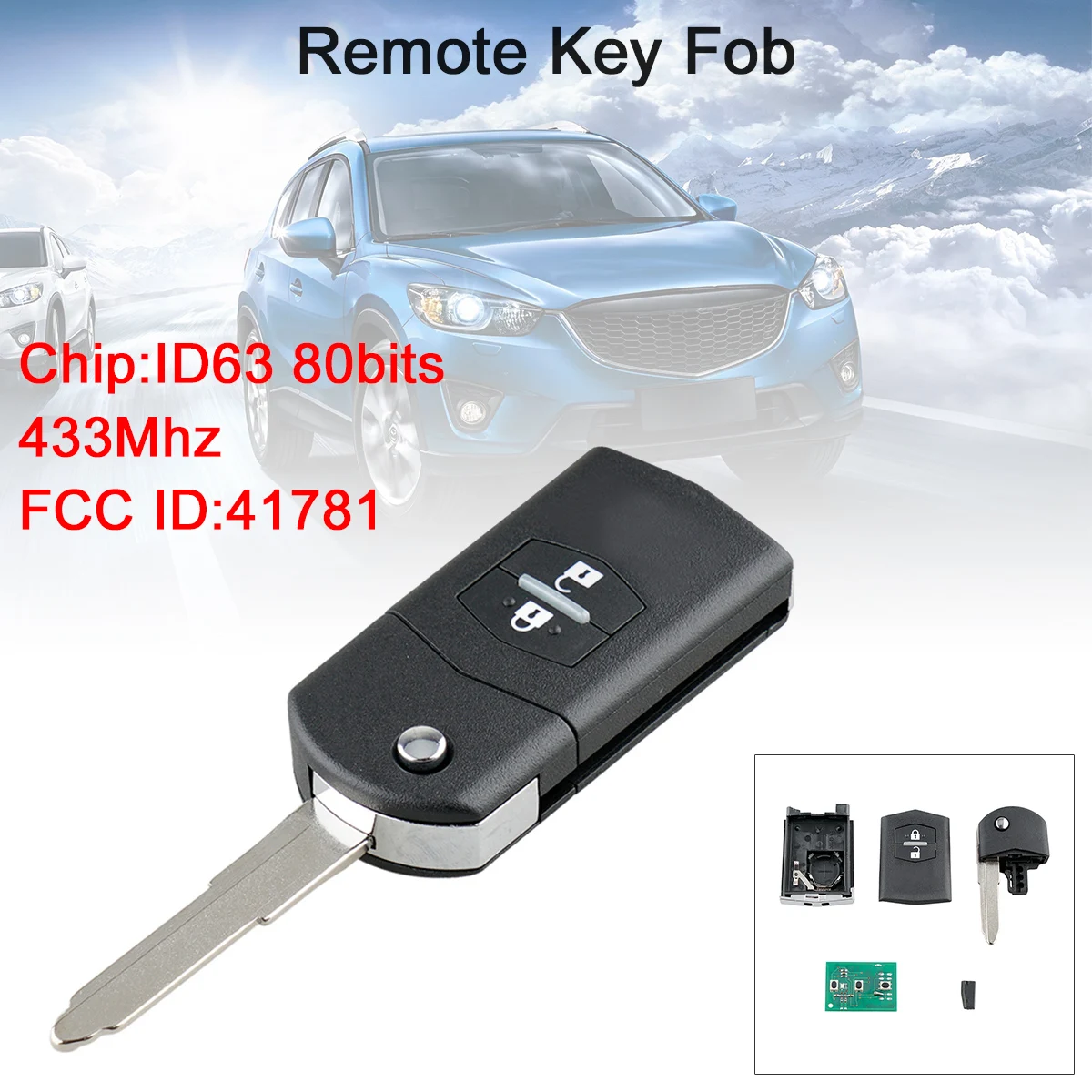 

433Mhz 2 Buttons Flip Car Remote Key Keyless Entry with ID63 80Bit Chip 41781 Fit for Mazda 3/BT-50