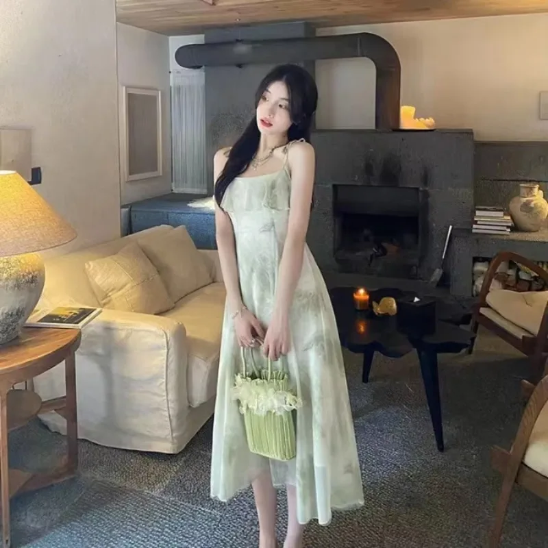 

New Summer Sexy Strap Dress For Women Korean Style Women's Elegant Fairy Style Long Dress Sleeveless Beach Dresses