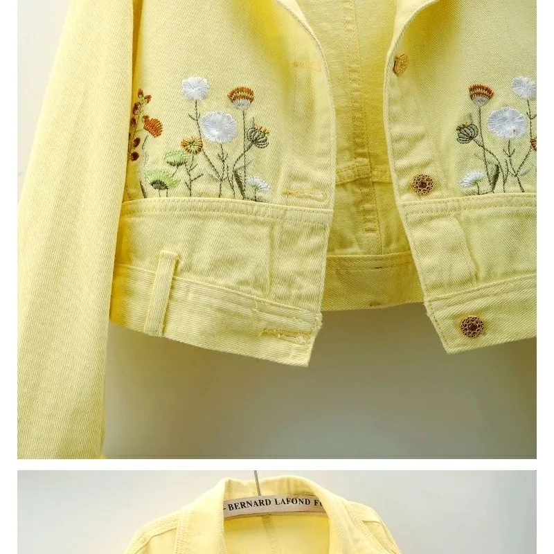 Ladies' Yellow Embroidered Flower Short Denim Jacket, Fashionable and Romantic Style for Spring and Autumn,a Versatile Outerwear