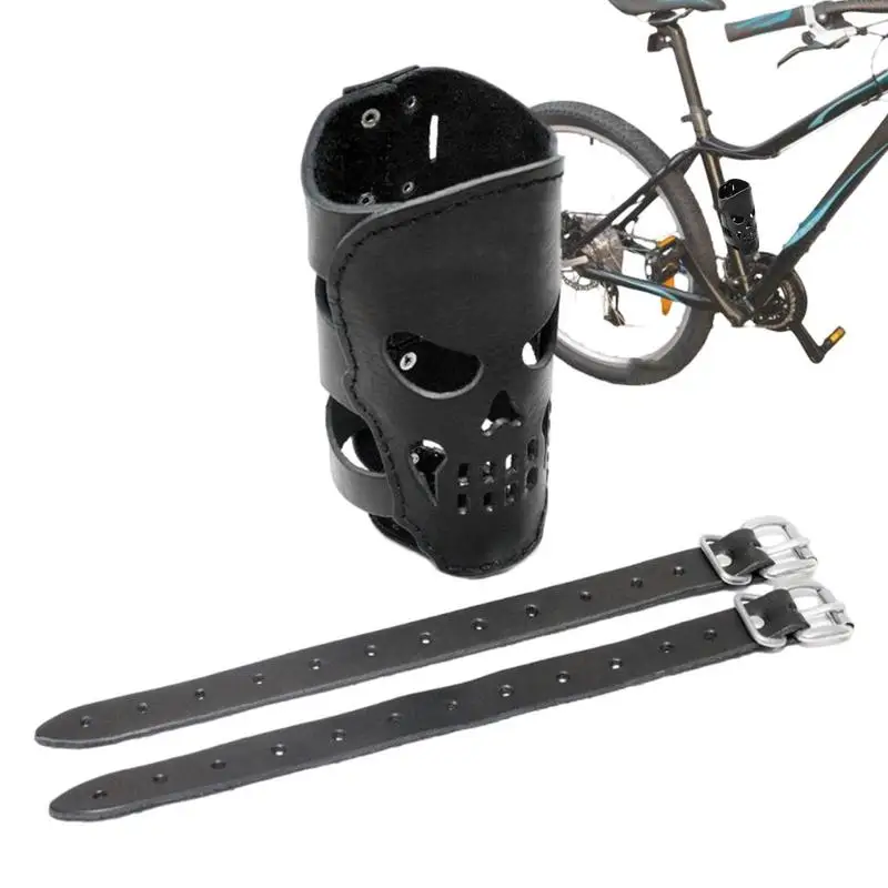 Motorcycle Biker Drink Holder PU Leather Skull Shape Universal Coffee Water Bottle Cup Holder With 2 Straps For Bicycles Bikes