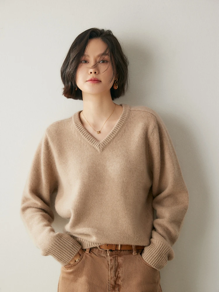 

New Women 100% Cashmere Thick Sweater Autumn Winter V-neck Pullover Soft Basic Clothes High Quality Loose Cashmere Knitwear Tops